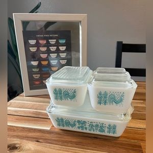 Vintage Pyrex Set 4 Refrigerator Dishes Turquoise AMISH BUTTERPRINT w/lids